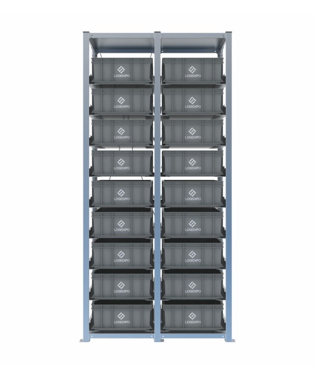 Scaffale H2000 a 2 campate con 18 contenitori Euro 600x400x170h, vista frontale