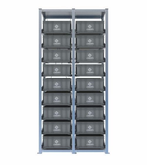 Scaffale H2000 a 2 campate con 18 contenitori Euro 600x400x170h, vista frontale