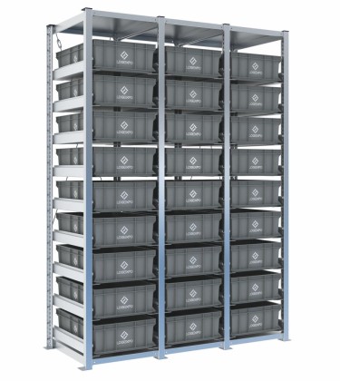 Scaffale H2000 a 3 campate con 27 contenitori Euro 600x400x170h, vista prospettica