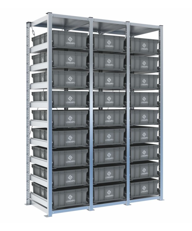 Scaffale H2000 a 3 campate con 27 contenitori Euro 600x400x170h, vista prospettica