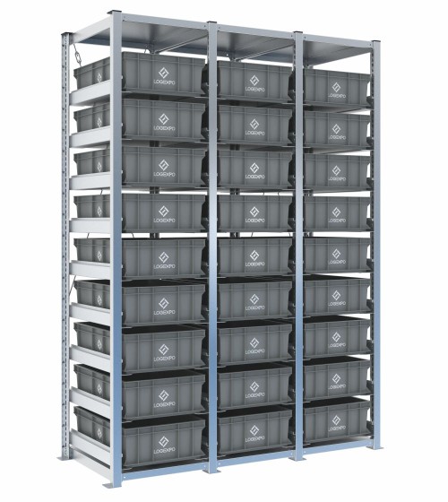 Scaffale H2000 a 3 campate con 27 contenitori Euro 600x400x170h, vista prospettica