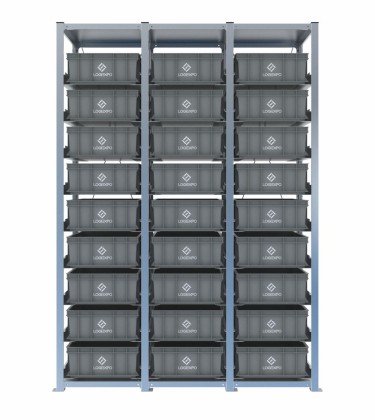 Scaffale H2000 a 3 campate con 27 contenitori Euro 600x400x170h, vista prospettica 2