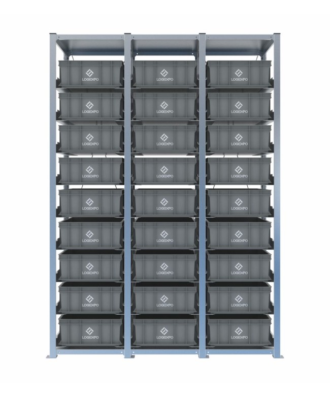 Scaffale H2000 a 3 campate con 27 contenitori Euro 600x400x170h, vista frontale