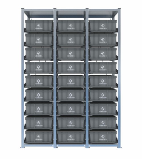 Scaffale H2000 a 3 campate con 27 contenitori Euro 600x400x170h, vista frontale