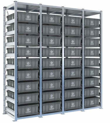 Scaffale H2000 a 4 campate con 36 contenitori Euro 600x400x170h, vista prospettica