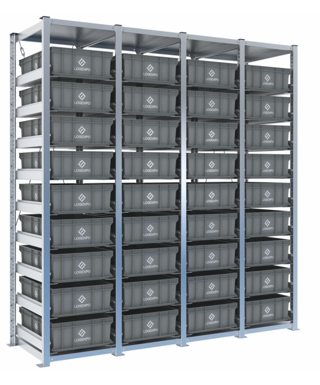 Scaffale H2000 a 4 campate con 36 contenitori Euro 600x400x170h, vista prospettica