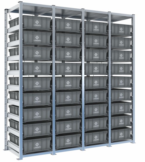 Scaffale H2000 a 4 campate con 36 contenitori Euro 600x400x170h, vista prospettica
