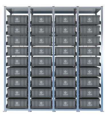 Scaffale H2000 a 4 campate con 36 contenitori Euro 600x400x170h, vista prospettica 2
