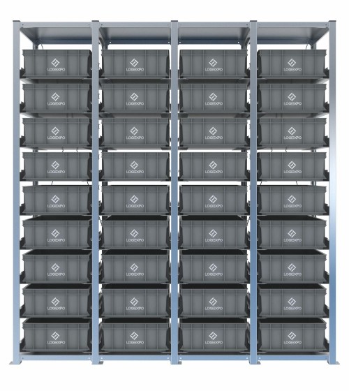 Scaffale H2000 a 4 campate con 36 contenitori Euro 600x400x170h, vista frontale