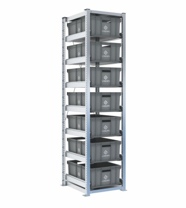 Scaffale H2000 a 1 campata con 7 contenitori Euro 600x400x220h, vista prospettica