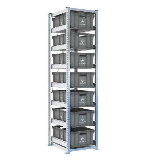 Scaffale H2000 a 1 campata con 7 contenitori Euro 600x400x220h, vista prospettica