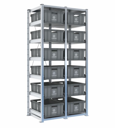 Scaffale H2000 a 2 campate con 12 contenitori Euro 600x400x220h, vista prospettica