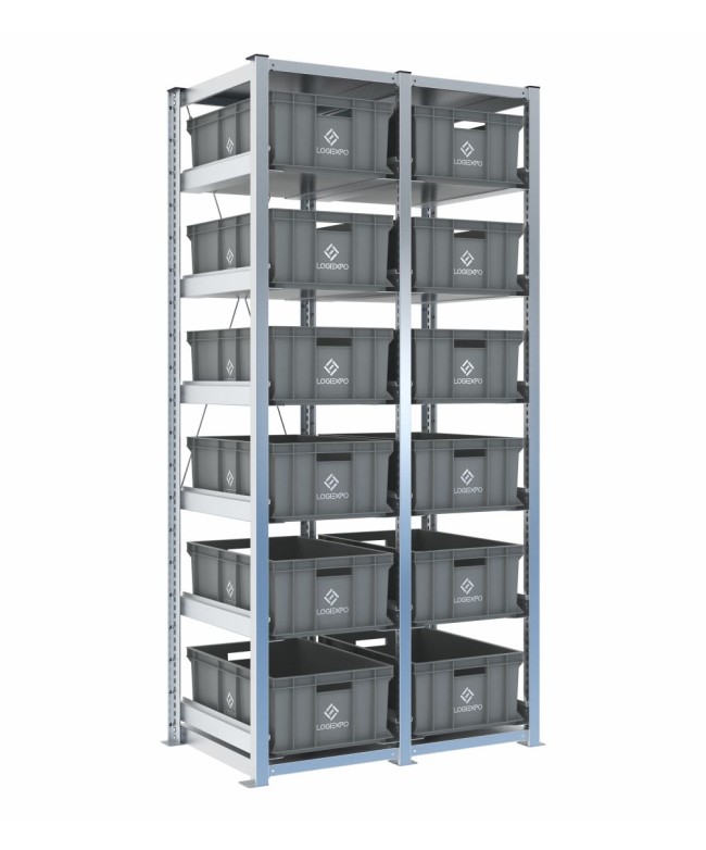 Scaffale H2000 a 2 campate con 12 contenitori Euro 600x400x220h, vista prospettica
