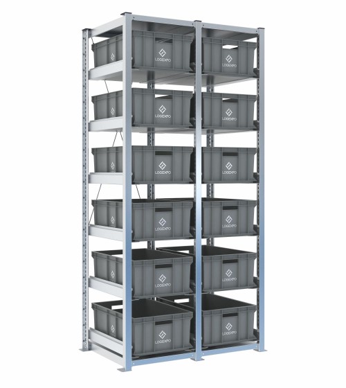 Scaffale H2000 a 2 campate con 12 contenitori Euro 600x400x220h, vista prospettica