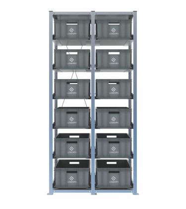 Scaffale H2000 a 2 campate con 12 contenitori Euro 600x400x220h, vista prospettica 2
