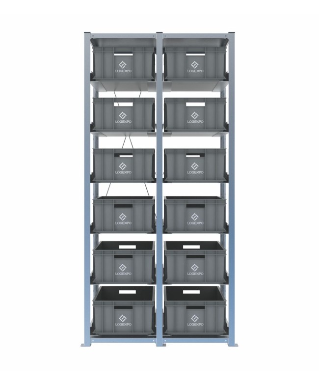 Scaffale H2000 a 2 campate con 12 contenitori Euro 600x400x220h, vista frontale