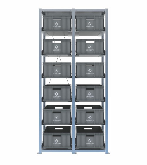 Scaffale H2000 a 2 campate con 12 contenitori Euro 600x400x220h, vista frontale