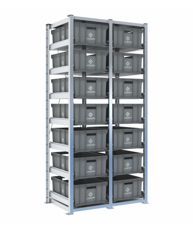 Scaffale H2000 a 2 campate con 14 contenitori Euro 600x400x220h, vista prospettica