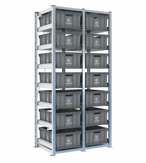 Scaffale H2000 a 2 campate con 14 contenitori Euro 600x400x220h, vista prospettica