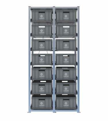 Scaffale H2000 a 2 campate con 14 contenitori Euro 600x400x220h, vista prospettica 2