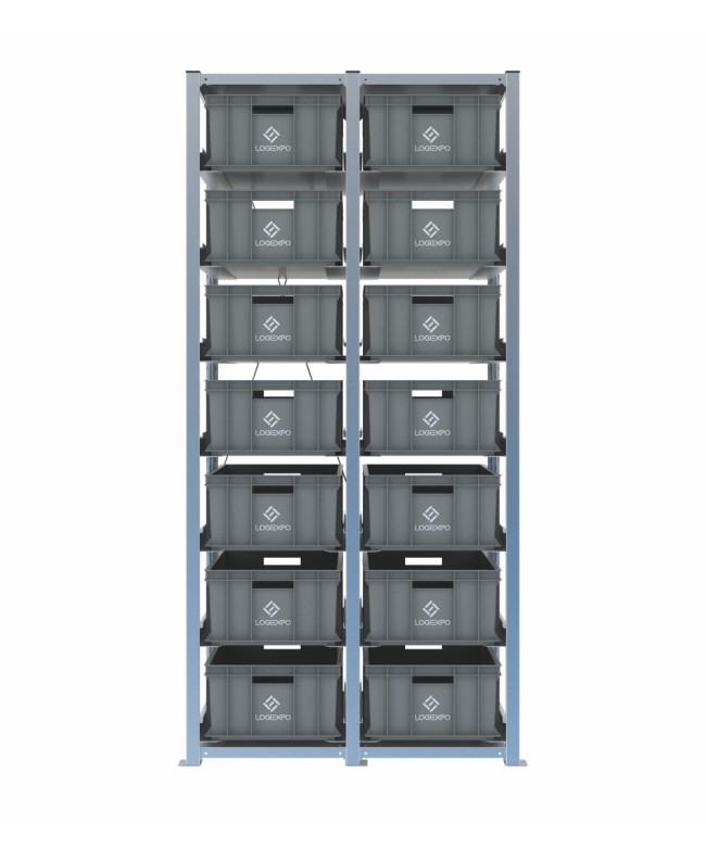 Scaffale H2000 a 2 campate con 14 contenitori Euro 600x400x220h, vista frontale