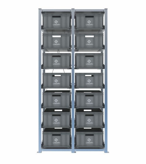 Scaffale H2000 a 2 campate con 14 contenitori Euro 600x400x220h, vista frontale