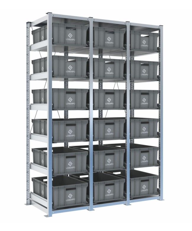 Scaffale H2000 a 3 campate con 18 contenitori Euro 600x400x220h, vista prospettica