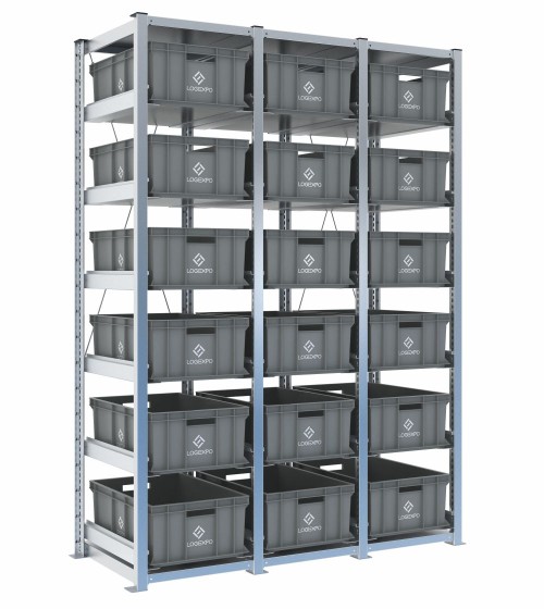 Scaffale H2000 a 3 campate con 18 contenitori Euro 600x400x220h, vista prospettica