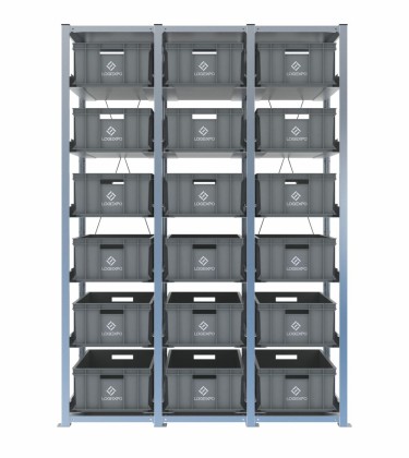Scaffale H2000 a 3 campate con 18 contenitori Euro 600x400x220h, vista prospettica 2