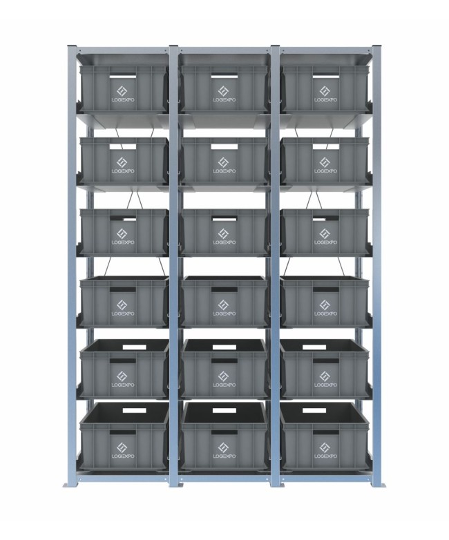 Scaffale H2000 a 3 campate con 18 contenitori Euro 600x400x220h, vista frontale