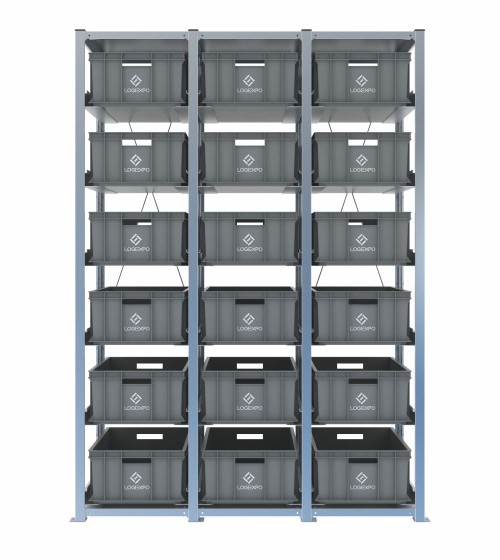 Scaffale H2000 a 3 campate con 18 contenitori Euro 600x400x220h, vista frontale