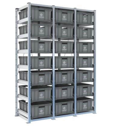 Scaffale H2000 a 3 campate con 21 contenitori Euro 600x400x220h, vista prospettica