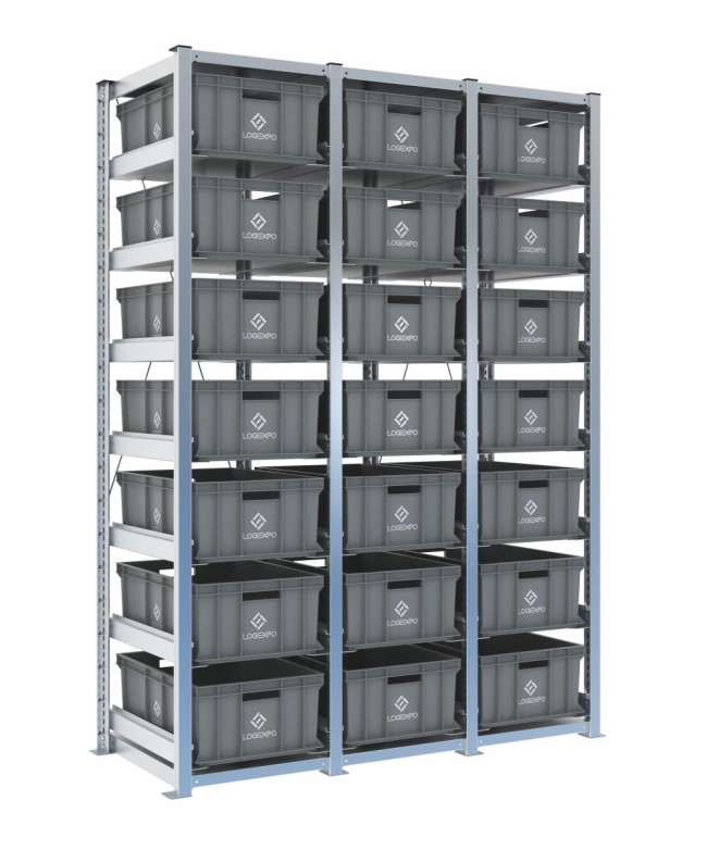 Scaffale H2000 a 3 campate con 21 contenitori Euro 600x400x220h, vista prospettica