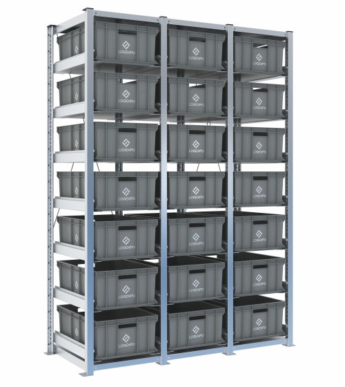 Scaffale H2000 a 3 campate con 21 contenitori Euro 600x400x220h, vista prospettica