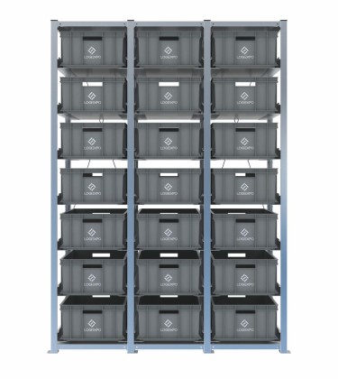 Scaffale H2000 a 3 campate con 21 contenitori Euro 600x400x220h, vista prospettica 2