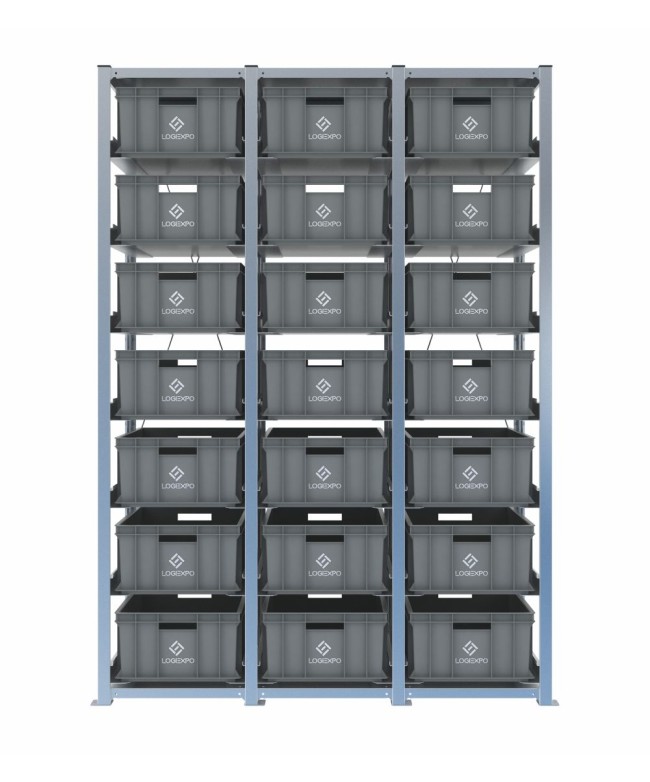 Scaffale H2000 a 3 campate con 21 contenitori Euro 600x400x220h, vista frontale