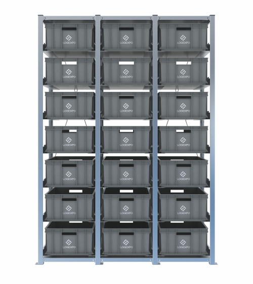 Scaffale H2000 a 3 campate con 21 contenitori Euro 600x400x220h, vista frontale