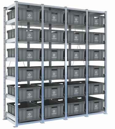 Scaffale H2000 a 4 campate con 24 contenitori Euro 600x400x220h, vista prospettica