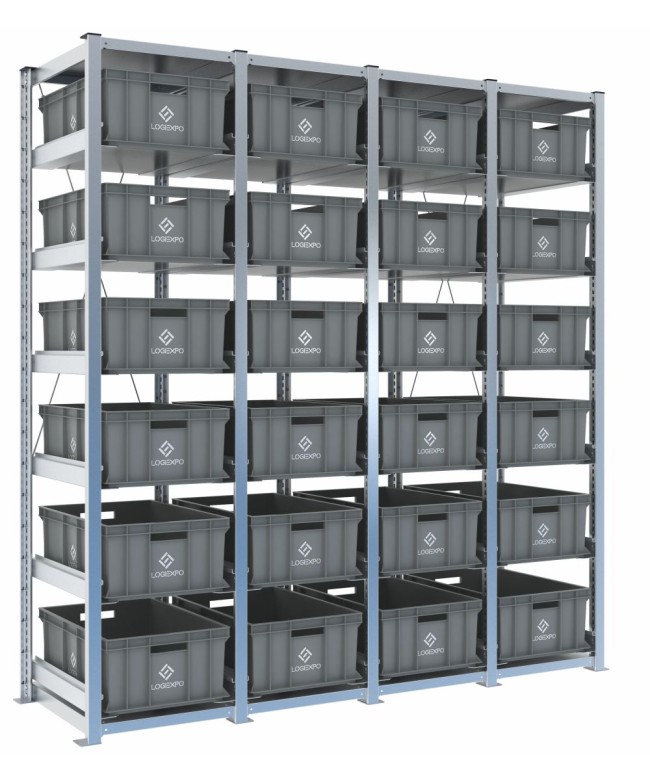 Scaffale H2000 a 4 campate con 24 contenitori Euro 600x400x220h, vista prospettica