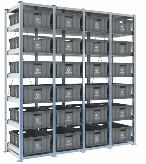 Scaffale H2000 a 4 campate con 24 contenitori Euro 600x400x220h, vista prospettica