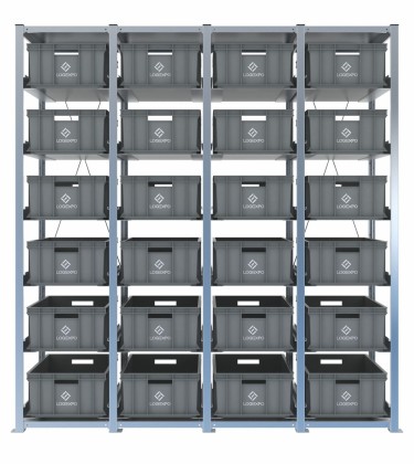 Scaffale H2000 a 4 campate con 24 contenitori Euro 600x400x220h, vista prospettica 2