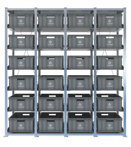 Scaffale H2000 a 4 campate con 24 contenitori Euro 600x400x220h, vista frontale