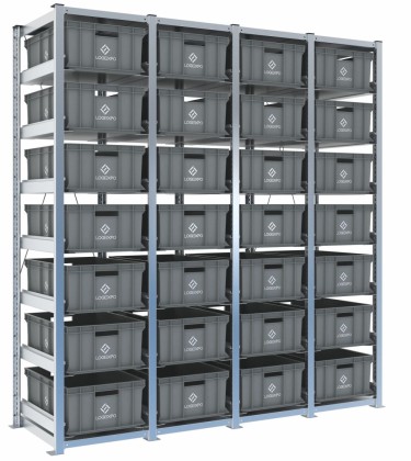 Scaffale H2000 a 4 campate con 28 contenitori Euro 600x400x220h, vista prospettica
