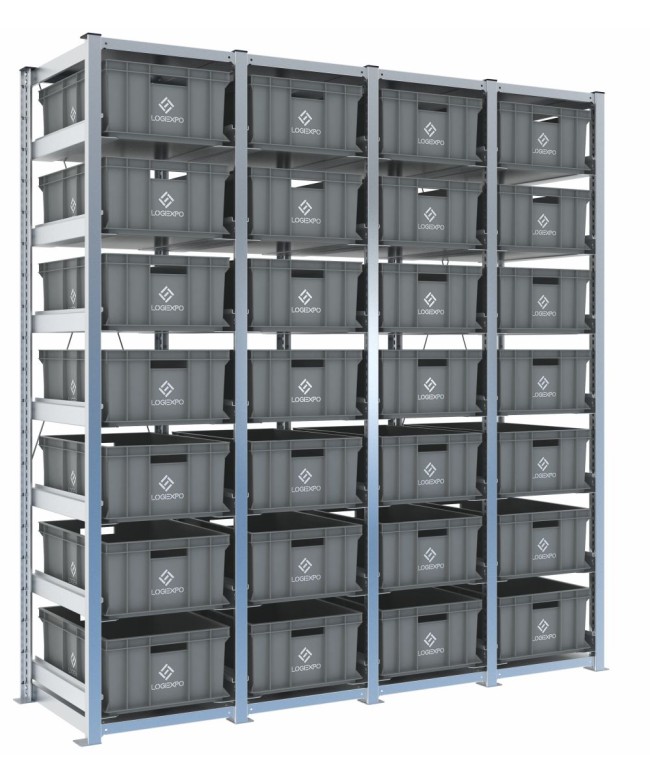 Scaffale H2000 a 4 campate con 28 contenitori Euro 600x400x220h, vista prospettica