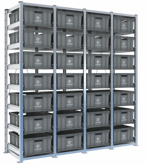 Scaffale H2000 a 4 campate con 28 contenitori Euro 600x400x220h, vista prospettica