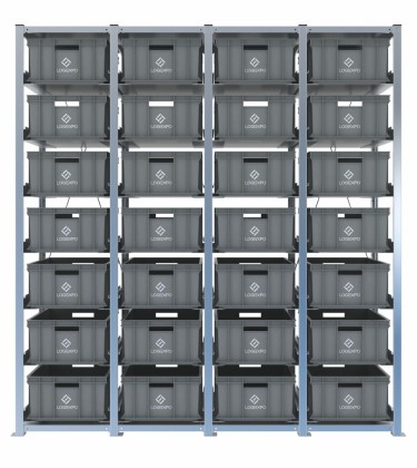 Scaffale H2000 a 4 campate con 28 contenitori Euro 600x400x220h, vista prospettica 2