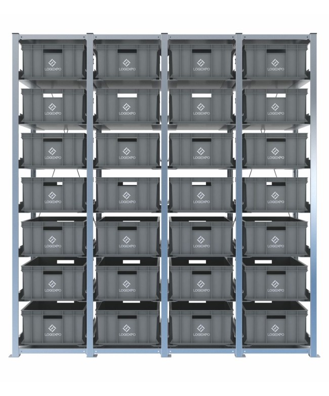 Scaffale H2000 a 4 campate con 28 contenitori Euro 600x400x220h, vista frontale