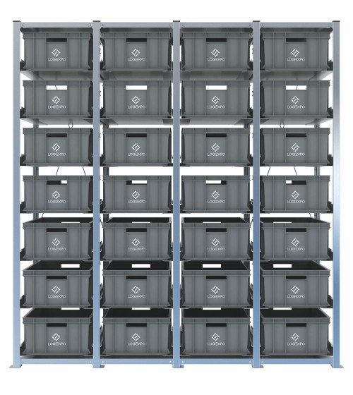 Scaffale H2000 a 4 campate con 28 contenitori Euro 600x400x220h, vista frontale