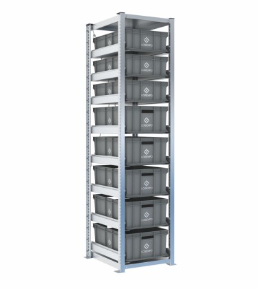 Scaffale H2000 a 1 campata con 8 contenitori Euro 600x400 di altezze 220h e 170h, vista prospettica