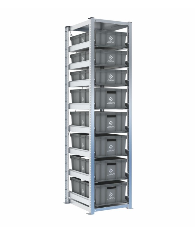 Scaffale H2000 a 1 campata con 8 contenitori Euro 600x400 di altezze 220h e 170h, vista prospettica